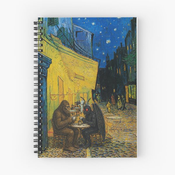 Item preview, Bigfoot & Mothman Café at Night Van Gogh Cryptid Parody designed and sold by happycottage.