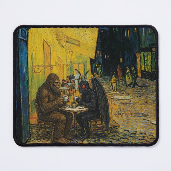 Item preview, Bigfoot & Mothman Café at Night Van Gogh Cryptid Parody designed and sold by happycottage.