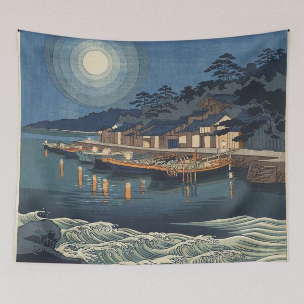 Item preview, Hokusai Inspired Moonlit Japanese Fishing Village Ukiyo-e Art designed and sold by Tamas Das.