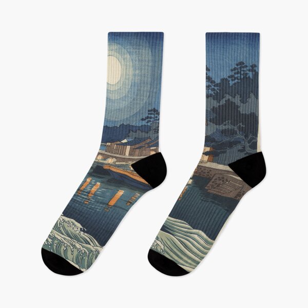 Item preview, Hokusai Inspired Moonlit Japanese Fishing Village Ukiyo-e Art designed and sold by Tamas Das.