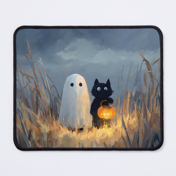 Item preview, Moody Autumn Cute Ghost Black Cat Oil Painting Lantern Glow designed and sold by GrinGalore.