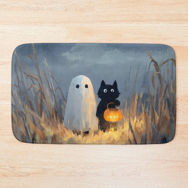 Item preview, Moody Autumn Cute Ghost Black Cat Oil Painting Lantern Glow designed and sold by GrinGalore.