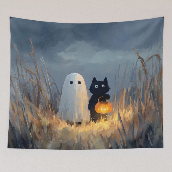 Item preview, Moody Autumn Cute Ghost Black Cat Oil Painting Lantern Glow designed and sold by GrinGalore.
