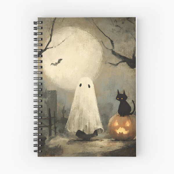 Item preview, Whimsigoth Vintage Folk Art Cute Ghost Black Cat Pumpkin Halloween Art designed and sold by GrinGalore.