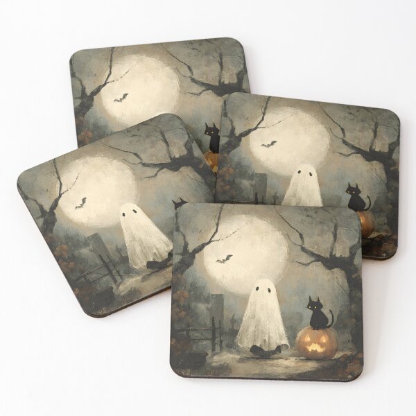 Item preview, Whimsigoth Vintage Folk Art Cute Ghost Black Cat Pumpkin Halloween Art designed and sold by GrinGalore.