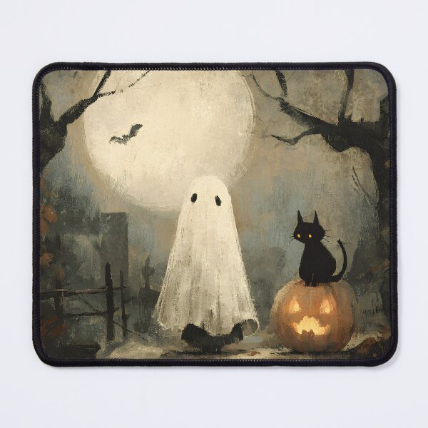 Item preview, Whimsigoth Vintage Folk Art Cute Ghost Black Cat Pumpkin Halloween Art designed and sold by GrinGalore.