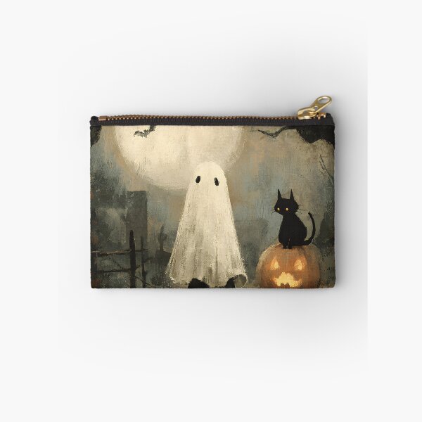 Item preview, Whimsigoth Vintage Folk Art Cute Ghost Black Cat Pumpkin Halloween Art designed and sold by GrinGalore.