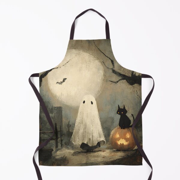 Item preview, Whimsigoth Vintage Folk Art Cute Ghost Black Cat Pumpkin Halloween Art designed and sold by GrinGalore.
