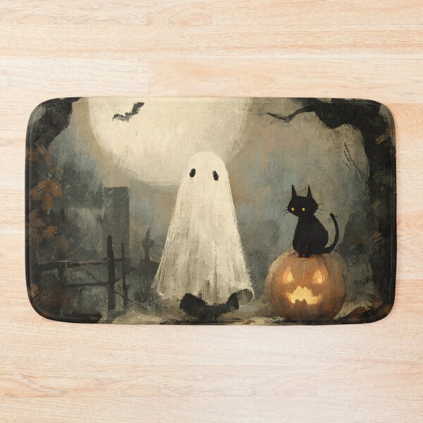 Item preview, Whimsigoth Vintage Folk Art Cute Ghost Black Cat Pumpkin Halloween Art designed and sold by GrinGalore.