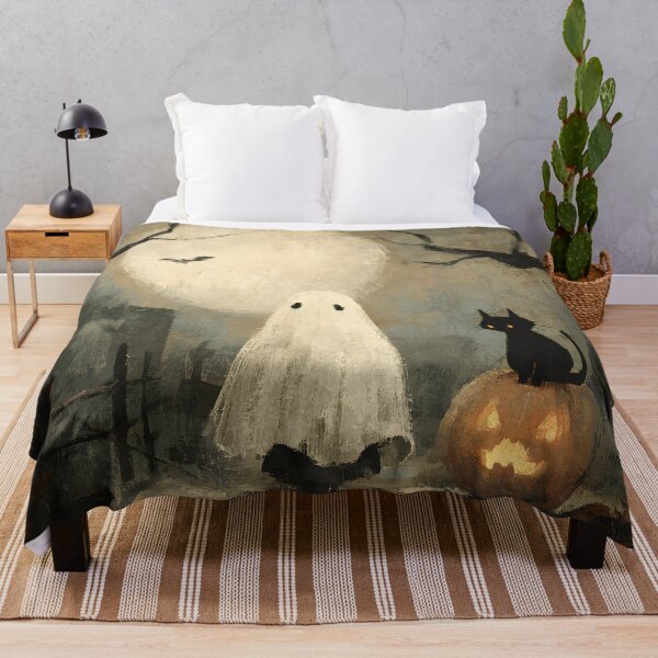 Item preview, Whimsigoth Vintage Folk Art Cute Ghost Black Cat Pumpkin Halloween Art designed and sold by GrinGalore.