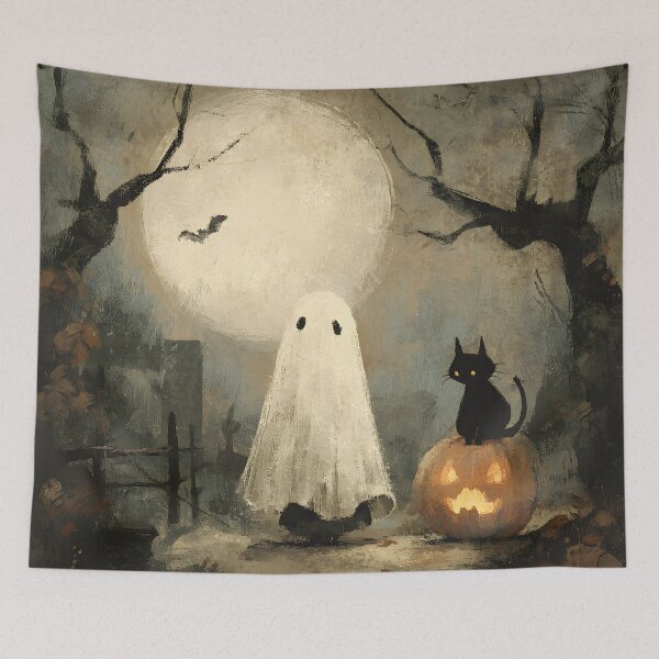 Item preview, Whimsigoth Vintage Folk Art Cute Ghost Black Cat Pumpkin Halloween Art designed and sold by GrinGalore.