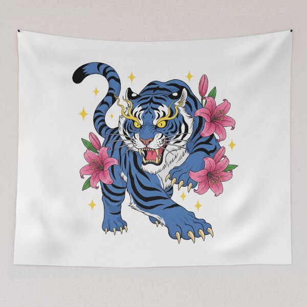 Item preview, Fierce Blue Tiger & Pink Lilies – Floral Fantasy Wildlife Art designed and sold by Apex Designs.