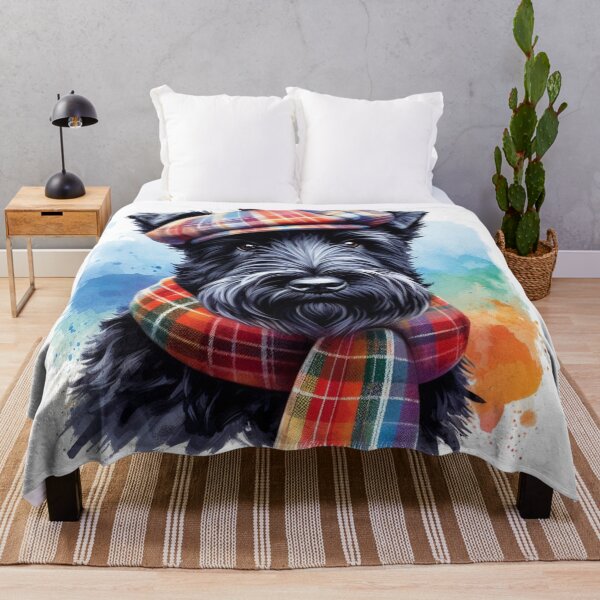 Item preview, Black Scottish Terrier Scottie Dog Wearing Red Tartan Flat Cap And Scarf Colorful Watercolor Portrait designed and sold by MaedK.