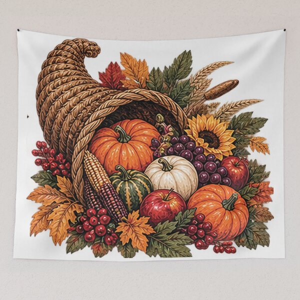 Item preview,  Thanksgiving Cornucopia Harvest with Pumpkins Apples Grapes Sunflower and Autumn Leaves designed and sold by Gold Turtle  Lina.