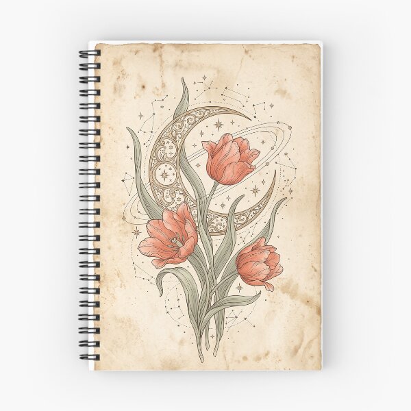 Item preview, Celestial Coral Tulip and Moon - Vintage Botanical Symbol Notebook designed and sold by MissoStudio.