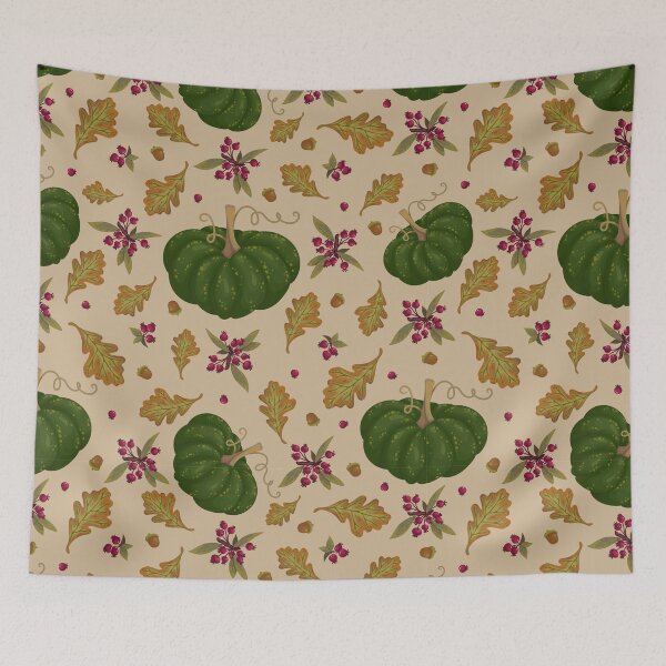 Item preview, Vintage Green Heirloom Pumpkin Oak Leaf Berry Beige Pattern designed and sold by FestivityFinds.