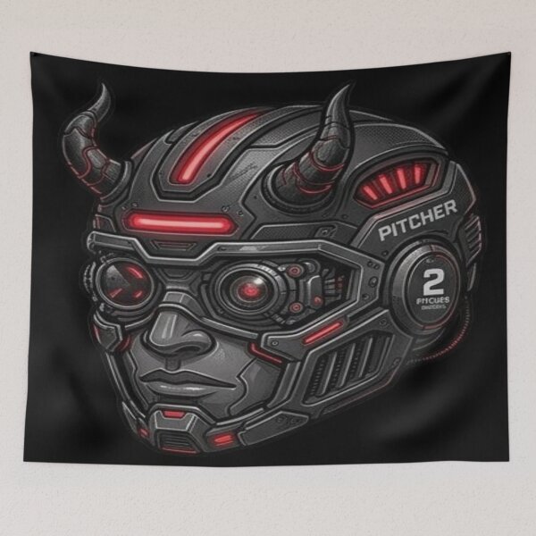 Item preview, Cyber Oni Pitcher Futuristic Mech Baseball Helmet designed and sold by HARDBALLSYNDICATE.