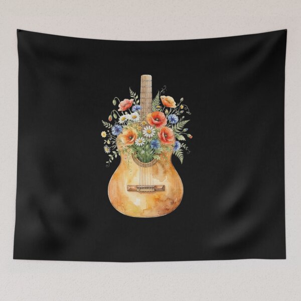 Item preview, Vintage Acoustic Guitar Wildflowers Floral Watercolor Art designed and sold by bvdesignart.