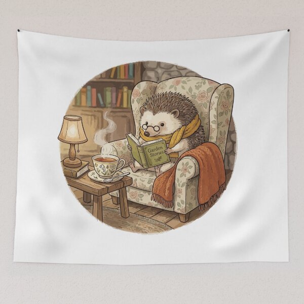 Item preview, Cottagecore Hedgehog Reading Book and Tea Cozy Art designed and sold by Arc2020.