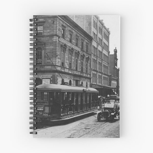 Item preview, New South Wales trams and Model T on Jamieson Street 1935 vintage black and white Queensland, Australia photograph designed and sold by Astrid Arkhangelsky.