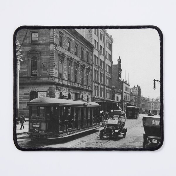 Item preview, New South Wales trams and Model T on Jamieson Street 1935 vintage black and white Queensland, Australia photograph designed and sold by Astrid Arkhangelsky.