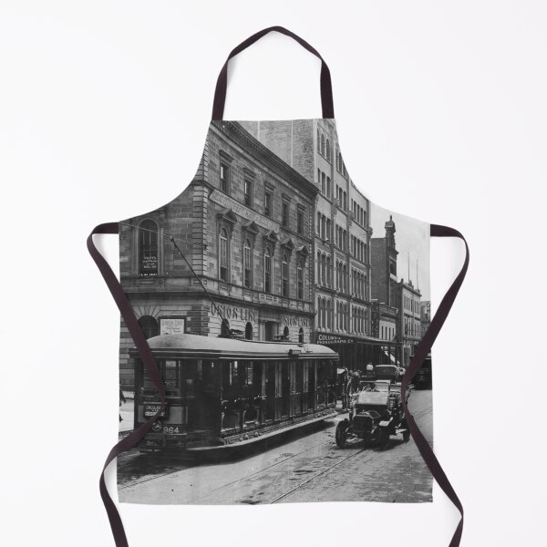 Item preview, New South Wales trams and Model T on Jamieson Street 1935 vintage black and white Queensland, Australia photograph designed and sold by Astrid Arkhangelsky.