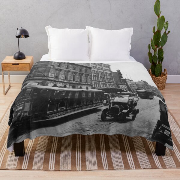 Item preview, New South Wales trams and Model T on Jamieson Street 1935 vintage black and white Queensland, Australia photograph designed and sold by Astrid Arkhangelsky.