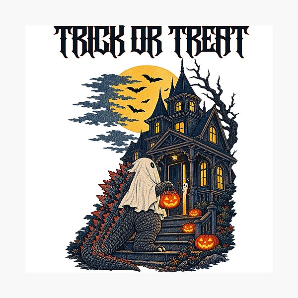Item preview, Kaiju Monster Trick or Treat Haunted House Illustration designed and sold by DjFreeq.