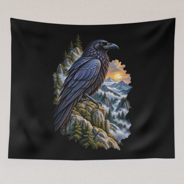 Item preview, Raven Surrounded by Misty Mountains Mountain Bird Wildlife Nature Design designed and sold by RockitBaby.