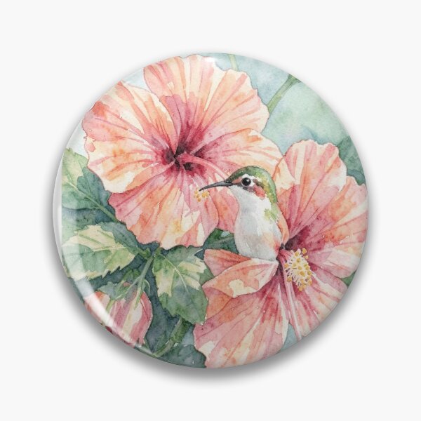 Item preview, Hummingbird and Peach Hibiscus Watercolor Painting designed and sold by Inka Moon Design.