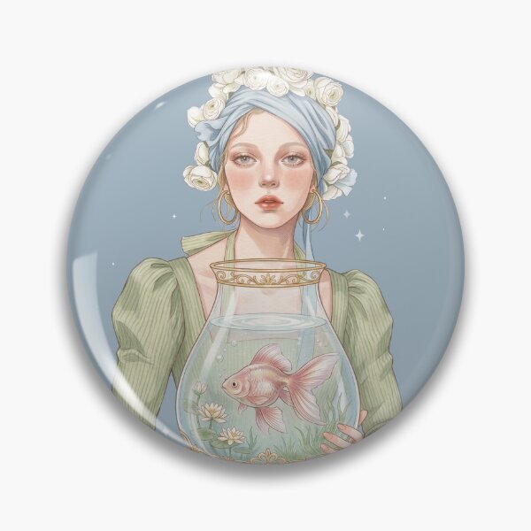 Item preview, Vintage Woman with Goldfish Bowl and White Roses Illustration designed and sold by Pasteltone.