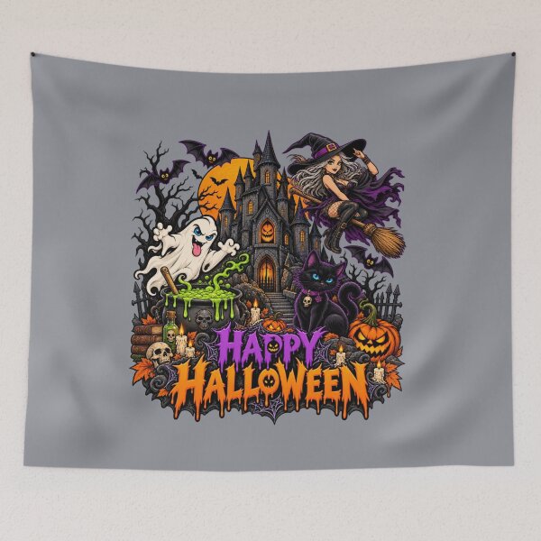 Item preview, Happy Halloween – Haunted Castle Witch & Black Cat designed and sold by Aimetoi.