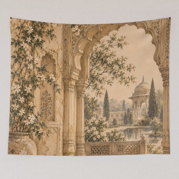 Item preview, Vintage Mughal Garden Arch Watercolour Beige Painting designed and sold by Jozefin's Studio.