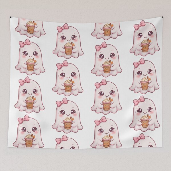 Item preview, Cute pink ghost with pumpkin spice latte designed and sold by priyankajustine.