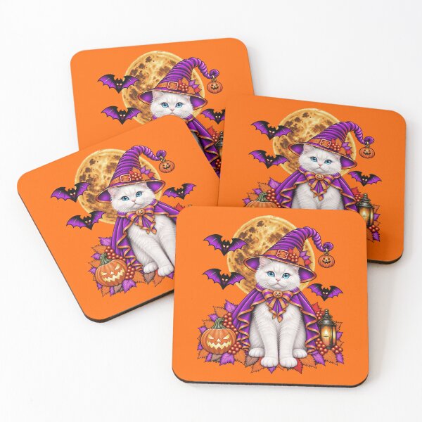 Item preview, White Cat Halloween Witch Costume & Spooky Pumpkin designed and sold by PixelsPaws.