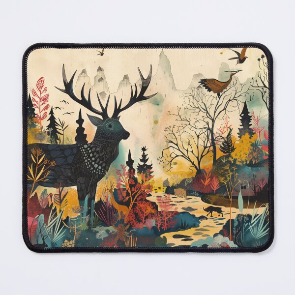 Item preview, Enchanted Folk Forest Stag - Mystical Woodland Landscape Art designed and sold by loirestore.