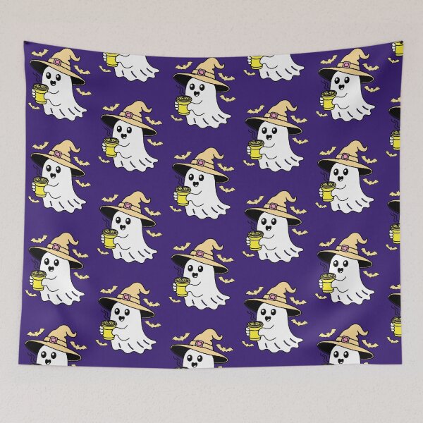 Item preview, Ghost Witch with Coffee Halloween Kawaii with Bats designed and sold by AstronautMerch.