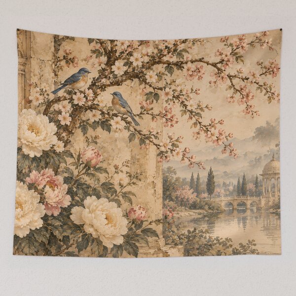 Item preview, Vintage Botanical Peonies and Bluebirds Watercolour Garden designed and sold by Jozefin's Studio.