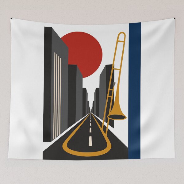 Item preview, Bauhaus City & Trombone Art | Minimalist Urban Jazz Print | Mid-Century Modern Print designed and sold by Studio pod Burom.