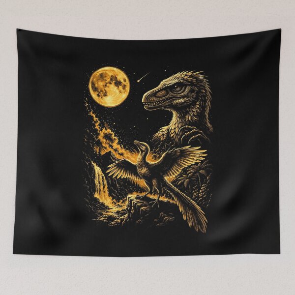Item preview, Golden Feathered Dinosaurs Beneath a Full Moon designed and sold by TadeoNivar.