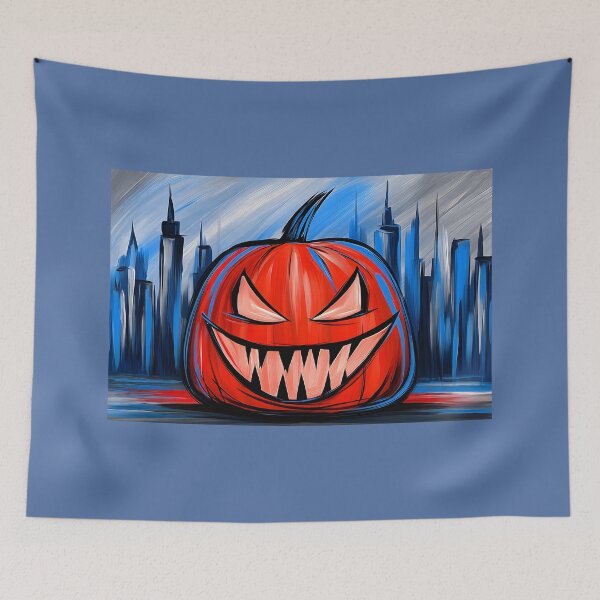 Item preview, Menacing Halloween Pumpkin with Sharp Features Looming Over a Vibrant City Skyline designed and sold by OlfactoART Studio.