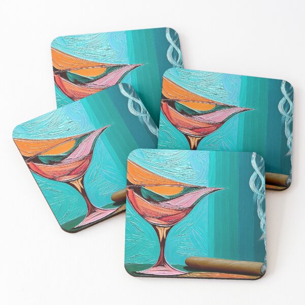 Item preview, Martini and Smoking Cigar with Orange and Pink Cocktail Hues Against a Textured Blue Background designed and sold by OlfactoART Studio.