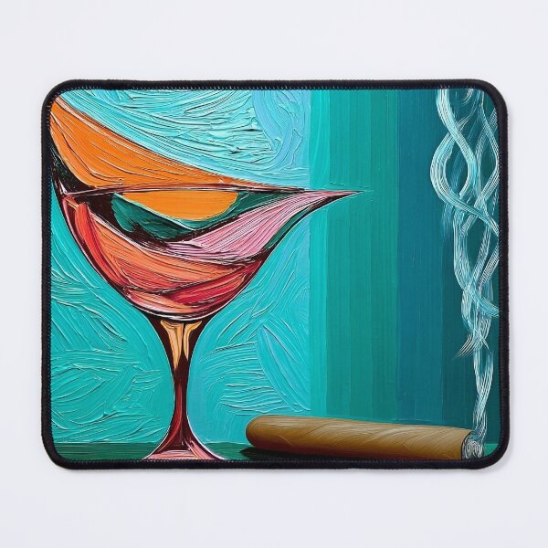 Item preview, Martini and Smoking Cigar with Orange and Pink Cocktail Hues Against a Textured Blue Background designed and sold by OlfactoART Studio.