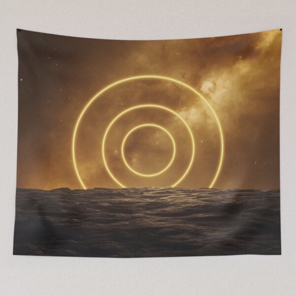 Item preview, Glowing Golden Rings Over Alien Planet Landscape designed and sold by monkeybusiness.pt.