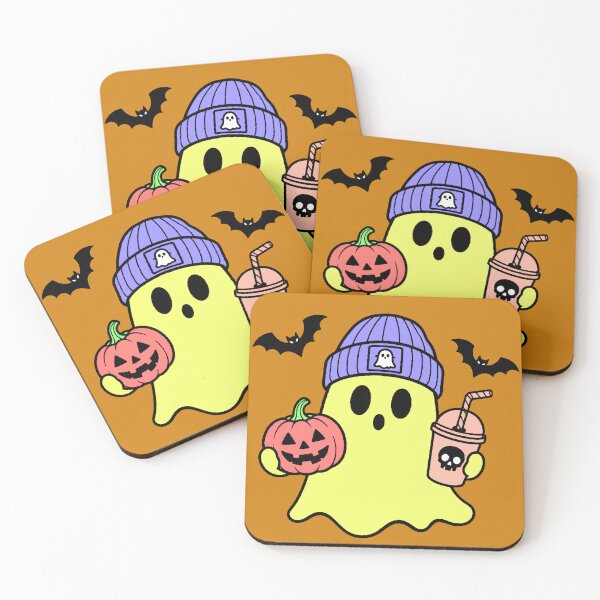 Item preview, Yellow Ghost with Pumpkin and Coffee Halloween Kawaii Beanie designed and sold by AstronautMerch.