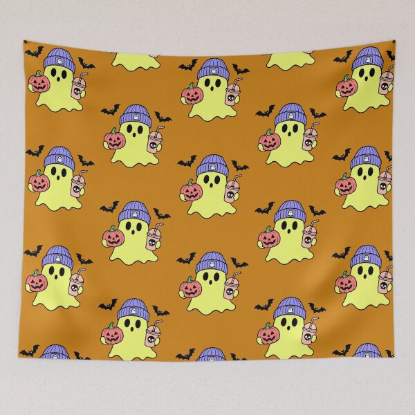 Item preview, Yellow Ghost with Pumpkin and Coffee Halloween Kawaii Beanie designed and sold by AstronautMerch.