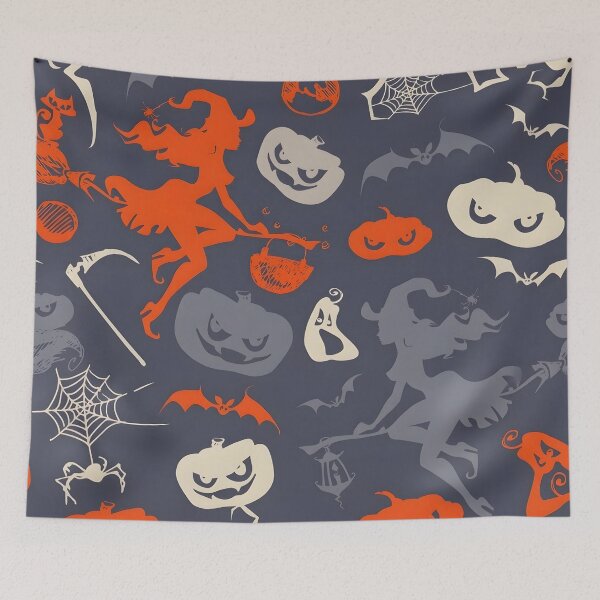 Item preview, Vintage Halloween Seamless Pattern with Flying Witches and Jack-o'-Lanterns designed and sold by interdesigner.