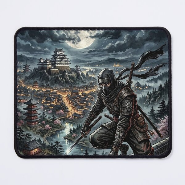 Item preview, Ninja Warrior on Roof Under Full Moon - Fantasy Art designed and sold by Lucid Dream Pixel.