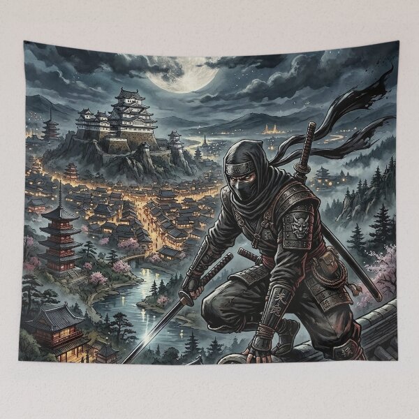 Item preview, Ninja Warrior on Roof Under Full Moon - Fantasy Art designed and sold by Lucid Dream Pixel.
