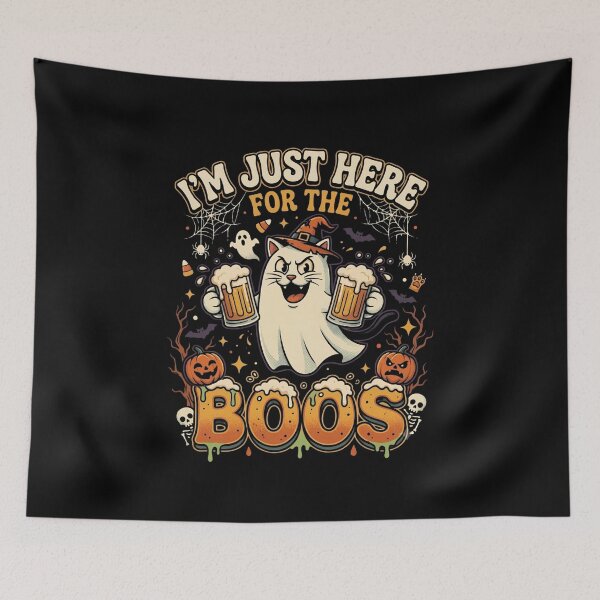 Item preview, I'm Just Here For The Boos Ghost Cat Halloween Beer designed and sold by Retro Whiskers.